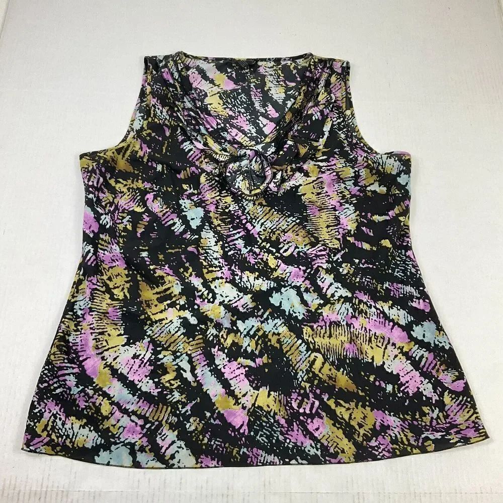 Spense Sleeveless Blouse Colorful Shirt Pleated Bow V-Neck Lightweight Top Large